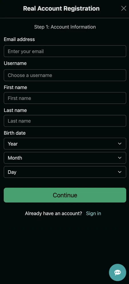 True Fortune Casino registration form